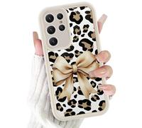 Phoona Cover per Samsung Galaxy S22 Ultra 5G 6.8",Cellulare Silicone Telefono Custodia Aesthetic Motivo Disegno Protezione Fotocamera Antiurto AntiGraffio Case Donne Ragazze,Beige Bow Leopard