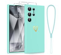 Phoona Cover per Samsung Galaxy S24 Ultra 5G 6,8", Custodia con 2 Pellicole Protettive in Vetro Temperato, per Ragazze, Creative, Motivo a Cuore d'amore, in Morbido Silicone TPU,Antiurto, Ciano chiaro