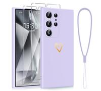 Phoona Cover per Samsung Galaxy S24 Ultra 5G 6,8", Custodia con 2 Pellicole Protettive in Vetro Temperato, per Ragazze, Alla Moda, Motivo a Cuore d'amore, in Morbido Silicone TPU,Antiurto, Viola