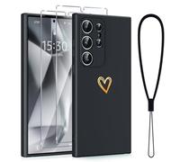 Phoona Cover per Samsung Galaxy S24 Ultra 5G 6,8", Custodia con 2 Pellicole Protettive in Vetro Temperato, per Ragazze, Alla Moda, Creative, Motivo a Cuore d'amore, in Morbido Silicone,Antiurto, Nero