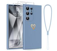 Phoona Cover per Samsung Galaxy S24 Ultra 5G 6,8", Custodia con 2 Pellicole Protettive in Vetro Temperato, per Ragazze, Creative, Motivo a Cuore d'amore, in Morbido Silicone TPU,Antiurto, Blu Fumo