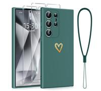 Phoona Cover per Samsung Galaxy S24 Ultra 5G 6,8",Custodia con 2 Pellicole Protettive in Vetro Temperato, per Ragazze, Alla Moda, Creative, Motivo a Cuore d'amore, in Morbido Silicone,Antiurto, Verde