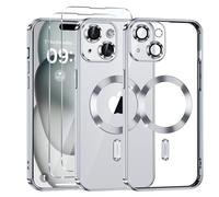 Phoona Cover Placcatura per iPhone 15 Plus 6,7 Pollici, Obiettivo per Fotocamera Protezione Completa e 2 × vetro temperato, Compatibile con MagSafe Ricarica Wireless, Protezione Militare, Argento