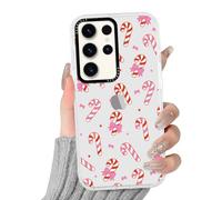 Phoona Natale Custodia Cellulare per Samsung Galaxy A12 6.5" Antiurto Leggera,Cover Custodie Disegni Estetici Bastone Natalizio Fiocco Rosa,Trasparente Case Protettiva per Donne Ragazze