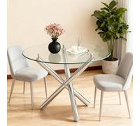 phosir Tavolo da pranzo rotondo, 80 cm, in vetro temperato, per 2-4 persone, con gambe a croce argentate e piedini regolabili, argento