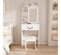 phosir Tavolo da toeletta con specchio LED, spazio nascosto compatto | 3 colori di luce + dimmerabile per cambiare la luce della stanza; spazio separato per cosmetici e accessori; MDF per un uso