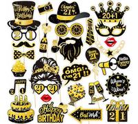 Photo Booth Compleanno 21 anni, 30 Pezzi Foto Props per Feste e Compleanni con Nero Oro, Spiritosi Fai da Te Gadget 18 anni Ragazza Ragazzo per Invitati (21th)