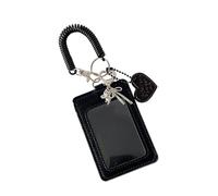 Photocard Holder Keychain - PU Leather ID Badge Case for Card Protection | Cute Heart Charm with Spiral Wrist Coil Strap, Portable Card Organizer for Travel School Workplace Use