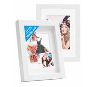 PHOTOLINI 3D cornici 15x20 cm bianco, cornice profonda con vetro e passe-partout, set di 2 cornici per oggetti fino a 1,5 cm di profondità, legno MDF - perfetta per il fai da te e come regalo