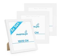 PHOTOLINI Cornici 10x10 cm bianco legno MDF, set di 3 cornici per poster, plexiglass infrangibile, da tavolo o da parete, accessori extra inclusi - per foto, immagini e poster