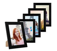 PHOTOLINI Cornici 10x15 cm nero legno MDF, set di 5 cornici larghe, moderne, plexiglass infrangibile, da tavolo o da parete, accessori extra - per una parete dal look raffinato
