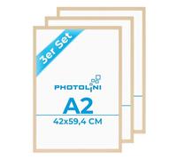 PHOTOLINI Cornici A2 42x59,4 cm legno MDF naturale, set di 3 cornici per poster, plexiglass infrangibile, da parete, accessori extra inclusi - per foto, immagini e poster