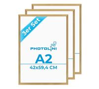 PHOTOLINI Cornici A2 42x59,4 cm oro legno MDF, set di 3 cornici per poster, plexiglass infrangibile, da parete, accessori extra inclusi - per foto, immagini e poster