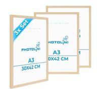 PHOTOLINI Cornici A3 30x42 cm legno MDF naturale, set di 3 cornici per poster, plexiglass infrangibile, da parete, accessori extra inclusi - per foto, immagini e poster