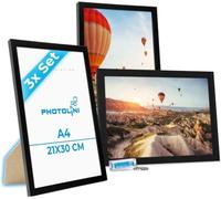 PHOTOLINI Cornici A4 21x30 cm nero legno MDF, set di 3 cornici per poster, plexiglass infrangibile, da tavolo o da parete, accessori extra inclusi - per foto, immagini e poster