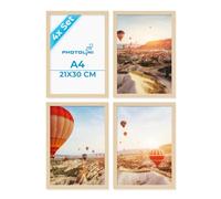 PHOTOLINI Set di 4 cornici per poster A4 21x30 cm legno MDF naturale, plexiglass infrangibile, da tavolo o da parete, accessori inclusi - per foto, immagini e poster