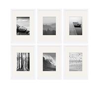 PHOTOLINI Set di 6 cornici per poster A4 21x30 cm con passe-partout 13x18 cm bianco legno MDF, plexiglass infrangibile, da tavolo o da parete, accessori inclusi - per foto, immagini e poster