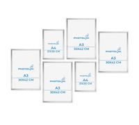 PHOTOLINI Set di 6 cornici per poster argento legno MDF, 4x A3 e 2x A4, plexiglass infrangibile, da parete, accessori inclusi - per foto, immagini e poster