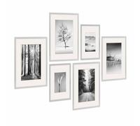 PHOTOLINI Set di 6 cornici per poster argento legno MDF con passe-partout, 21x30 cm e 30x40 cm, plexiglass infrangibile, da parete, accessori inclusi - per foto, immagini e poster
