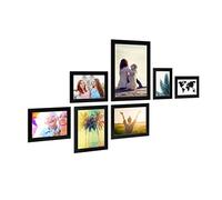 PHOTOLINI Set di 7 cornici nero legno MDF, cornici larghe, moderne, plexiglass infrangibile, da tavolo o da parete, accessori extra - per una parete dal look raffinato
