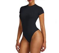 PHTZEZF Body da donna a maniche corte Perizoma T-shirt basic ad alta elasticità Top Slip modellante(Color:Black,Size:L)