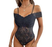 PHTZEZF Body da donna in pizzo floreale con spalle scoperte e maniche corte con bordi smerlati. Con spalline sottili(Color:Black,Size:XL)