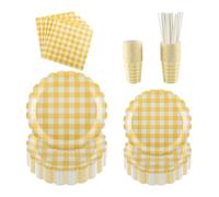 PHUNAT Set di 25 piatti per feste, bicchieri e tovaglioli, include piatti di carta smerlati a quadretti gialli (17,8 e 22,9 cm), perfetti per feste, eventi e celebrazioni