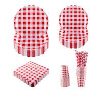 PHUNAT Set di piatti per feste, bicchieri e tovaglioli per 25 ospiti, include piatti di carta smerlati a quadretti rossi (17,8 e 22,9 cm), perfetti per feste, eventi e celebrazioni