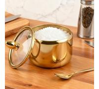 PHWRECZ Zuccheriera in acciaio inossidabile 304 con coperchio in vetro trasparente e cucchiaio, zuccheriera dorata, barattolo da 290 ml, lavabile in lavastoviglie, contenitore multifunzionale per