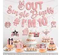 PHXEY Kit di decorazioni per il 10° compleanno per ragazze, oro rosa Happy 10th Birthday Banner segno da appendere vortici a nido d'ape, doppie cifre 10 anni festa di compleanno