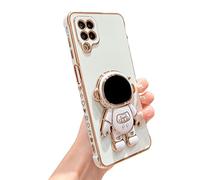 phylla for Samsung Galaxy A12 Astronaut Hidden Stand Holder Phone Case Luxury Gold Plated Cute Astronaut Side Cute Heart Pattern Case with Camera Protector Soft Shockproof Kickstand Bumper (White)