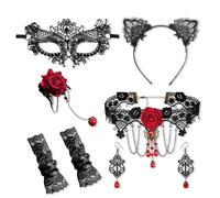 Piacolnic Set da 6 Pezzi con Girocollo in Pizzo, Collana Gotica Nera e Rossa con Rosa, Girocollo Gotico con Orecchini, Maschera, Guanti e Cerchietto per Halloween e Costumi