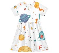 Pianeti e Alfabeto Bianco Ragazze Pasqua Vestito Manica Corta Volant Abiti per Bambine Bambino Moda Skater Dress, Pianeti e Alfabeto Bianco, 3 anni