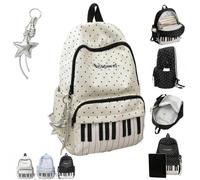 Piano Backpack for Women,Polka Dot Nylon Backpack with Pendant,Cute Large Capacity Aesthetic Music Daypack Travel School Bag ，White