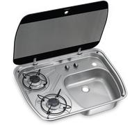 Piano cottura e lavello dometic con coperchio in vetro hsg 2445 a 2 fuochi 600 x 445 mm