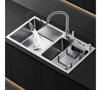 Piano lavoro con lavello cucina incasso doppia vasca acciaio inossidabile | Lavello a doppia vasca profonda, con scolapiatti, filtro e rubinetto a scomparsa, adatto alla cucina(75/43cm/29.5/17in)