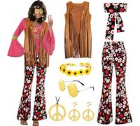 Pianocean Hippie Donna, Vestito Hippie Anni '70, Costumi Carnevale Adulti con Orecchini Collana Fascia per Capelli，Utilizzare per Le Feste di Martedì Grasso