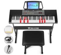 Pianoforte elettronico a 61 tasti con tasti illuminati, LCD, cuffie, supporto a X, sgabello, ripiano per spartiti, microfono, adesivi per note, altoparlanti integrati, 3 modalità di insegnamento