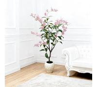 Pianta artificiale di gelsomino, 120 cm, albero artificiale con foglie realistiche e fiori rosa in vaso bianco, albero in vaso artificiale, albero di gelsomino, pianta d'appartamento, per matrimoni