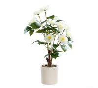 Pianta di camelia artificiale in vaso alta 42 cm con base in plastica, progettata per migliorare gli spazi decorativi senza la necessità di irrigazione o luce solare (bianco)