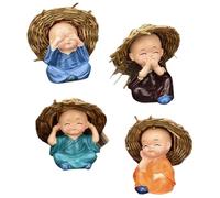 Pianta di legno brasiliana 4pcs statua del bambino del bambino, 2x2,4 pollici in resina mini brasile in legno fortunato con cappello di paglia, arredamento di Buddha monaco carino per piante in vaso,