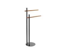 Piantana Portasciugamani da Bagno - Porta Asciugamani da Pavimento per Bagno con 2 Ganci, in Metallo e Bambù, 22x80.5x22cm, Nero e Beige