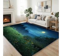Piante Foresta Prato Lucciole Area Tappeti per Soggiorno, Tappeto Morbido Sala da pranzo Camera da letto Home Decor Tappeto Antiscivolo e Lavabile 80 x 150 cm, Blu notte