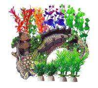 Piante ornamentali per acquario con ponte ad arco in resina, 12 pezzi, in plastica e padiglione decorativo per acquario, decorazione per acquario