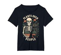 Piante sopra Persone Scheletro Divertente Gatto Piante Succulente Maglietta, Donna Plus-Size, Nero, 5X
