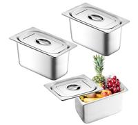 Piashow Gastro - Set di 3 vassoi rettangolari, contenitore GN in acciaio inox con coperchio, contenitore per alimenti (17,5 x 11 x 10 cm)