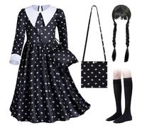 Piashow Vestito Mercoledì Bambina, Vestito Carnevale Bambina Mercoledì, Costume Mercoledì Donna con Parrucca Nera, Borsa, Calzini, Set Costumi del Mercoledì per Ragazze Cosplay Carnevale Halloween