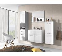 PIASKI Alba - Set di mobili da bagno con lavabo, armadio alto, armadio medio e specchio con ripiano, piano laminato MDF, maniglie in metallo, bianco lucido