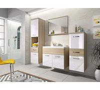 PIASKI Alba - Set di mobili da bagno con lavabo, armadio alto, armadio medio, specchio con ripiano, piano laminato e metallo, mobili sospesi, sonoma/bianco lucido