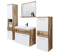 PIASKI Set di mobili da bagno Alba con lavabo, specchio, armadi alti e medi, pannelli laminati MDF, sospesi, Wotan/bianco ondulato, 6 pezzi